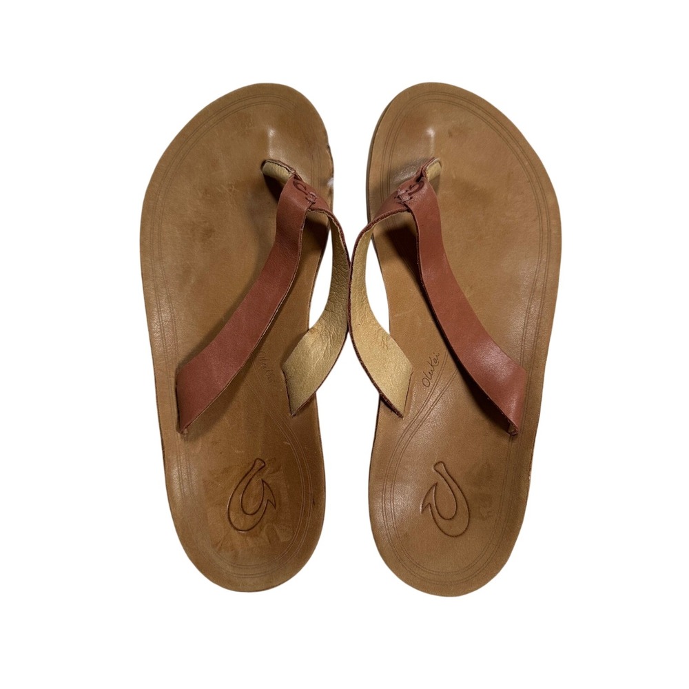 OluKai Leather Nonohe Tan Brown Thong Sandals Women's US 7 / EUR 37